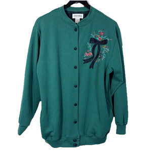 Green Cardigan Sweater Embroidered Plaid Floral Bow S Preppy Holiday Vintage 90s